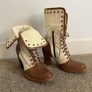 SOLD Frye Victorian-style leather & canvas high heel boots